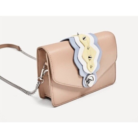 Zara TRF Light Pink Tan Crossbody Handbag Silver Chain Studded Purse Clutch - Picture 1 of 8